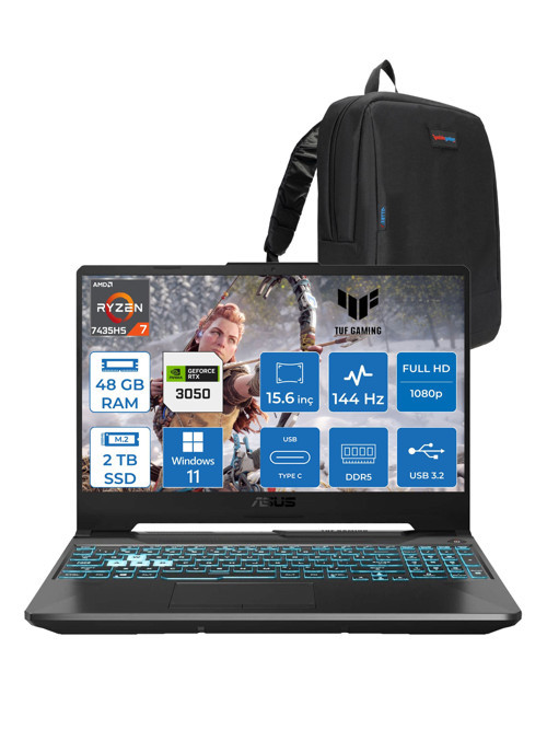Tuf Gaming A15 FA506NCR Amd Ryzen 7 7435HS 48GB Ddr5 2tb SSD RTX3050 4gb 15.6" Fhd IPS 144HZ Windows 11 Home Taşınabilir Bilgisayar HN034H19 + Zetta Çanta