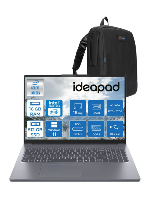 Ideapad Slim 3 16IRH10 Intel Core I5 13420H 16GB 512GB SSD Windows 11 Home 16" Wuxga (1920X1200) IPS 300NITS Taşınabilir Bilgisayar 83K2001UTRH01 + Zetta Çanta
