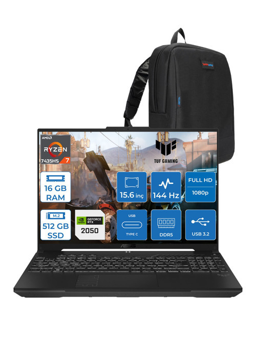 Tuf Gaming A15 FA506NFR Amd Ryzen 7 7435HS 16GB Ddr5 512GB SSD RTX2050 4gb 15.6" Fhd IPS 144HZ Freedos Taşınabilir Bilgisayar HN012F01 + Zetta Çanta