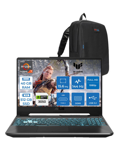 Tuf Gaming A15 FA506NCR Amd Ryzen 7 7435HS 40GB Ddr5 512GB SSD RTX3050 4gb 15.6" Fhd IPS 144HZ Freedos Taşınabilir Bilgisayar HN034F13 + Zetta Çanta