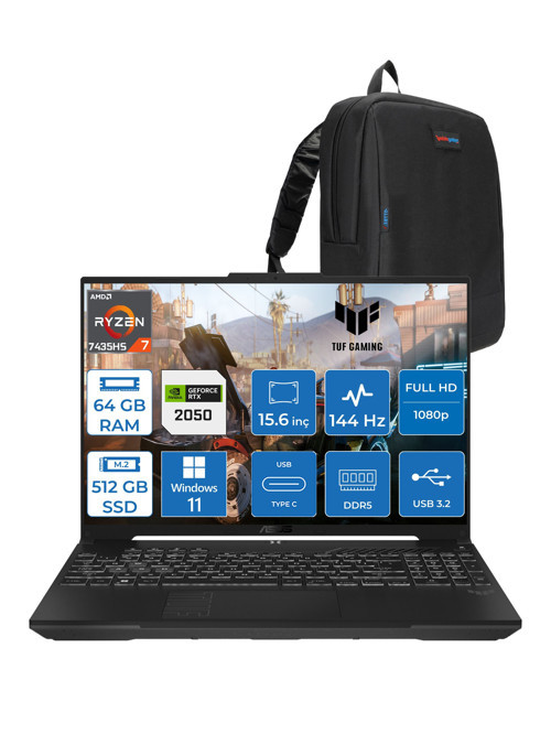 Tuf Gaming A15 FA506NFR Amd Ryzen 7 7435HS 64GB Ddr5 512GB SSD RTX2050 4gb 15.6" Fhd IPS 144HZ Windows 11 Pro Taşınabilir Bilgisayar HN012P21 + Zetta Çanta
