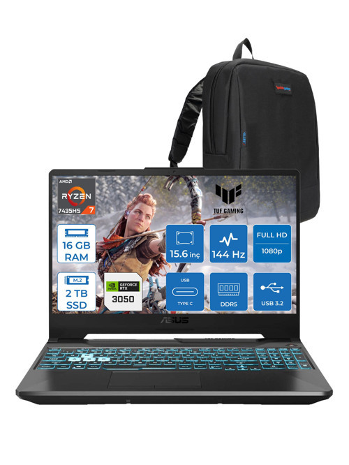 Tuf Gaming A15 FA506NCR Amd Ryzen 7 7435HS 16GB Ddr5 2tb SSD RTX3050 4gb 15.6" Fhd IPS 144HZ Freedos Taşınabilir Bilgisayar HN034F03 + Zetta Çanta