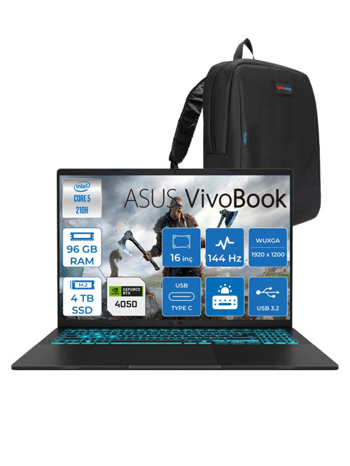Vivobook 16 V3607VU Intel Core 5 210H 96GB 4tb SSD RTX4050 6gb Freedos 16" Wuxga 144HZ 300NITS Taşınabilir Bilgisayar RP276F26 + Zetta Çanta