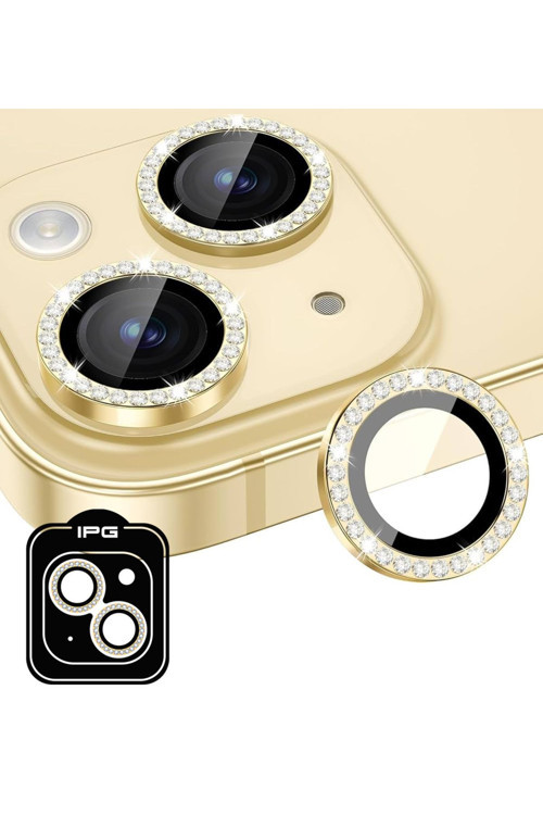 iPhone 14 / 14 Plus için IPG ProLENS Kamera Lens Koruyucu Elmas Taşlı Çerçeveli, Kırılmaz Cam - Altın