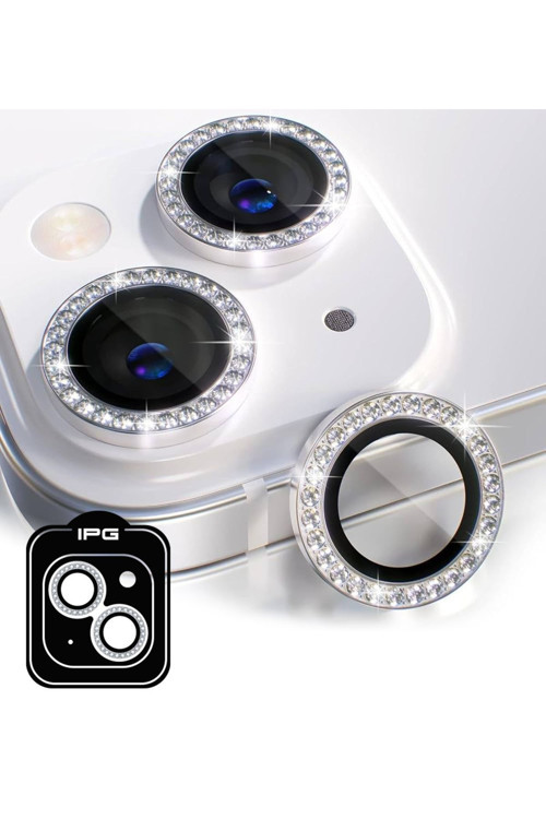 iPhone 14 / 14 Plus için IPG ProLENS Kamera Lens Koruyucu Elmas Taşlı Çerçeveli, Kırılmaz Cam - Gümüş