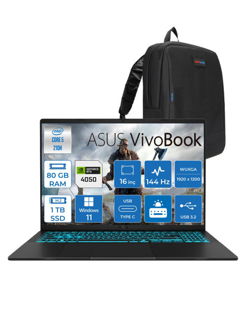 Vivobook 16 V3607VU Intel Core 5 210H 80GB 1tb SSD RTX4050 6gb Windows 11 Pro 16" Wuxga 144HZ 300NITS Taşınabilir Bilgisayar RP276H20 + Zetta Çanta