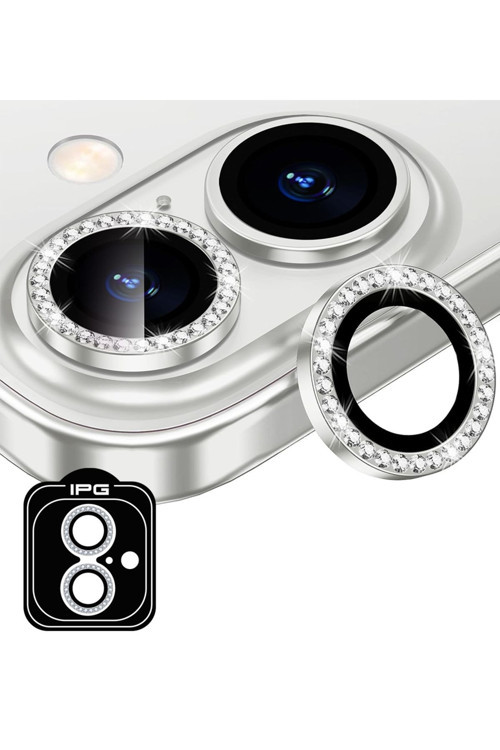 iPhone 16 / 16 Plus için IPG ProLENS Kamera Lens Koruyucu Elmas Taşlı Çerçeveli, Kırılmaz Cam - Gümüş