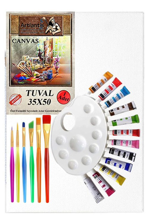 Akrilik Boya Hobi Boyama Seti 1 Paket 35x50 cm Tuval 12 li Akrilik Boya Tüp Resim Paleti Fırça Seti 6 lı