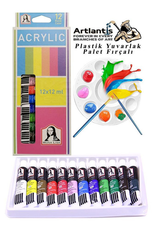 Akrilik Boya Monalisa 12 Renk 12 Ml Tüp 1 Paket 12 Li Akrilik Boya Seti ve Yuvarlak Resim Paleti Fırçalı 1 Paket 10 Hazn