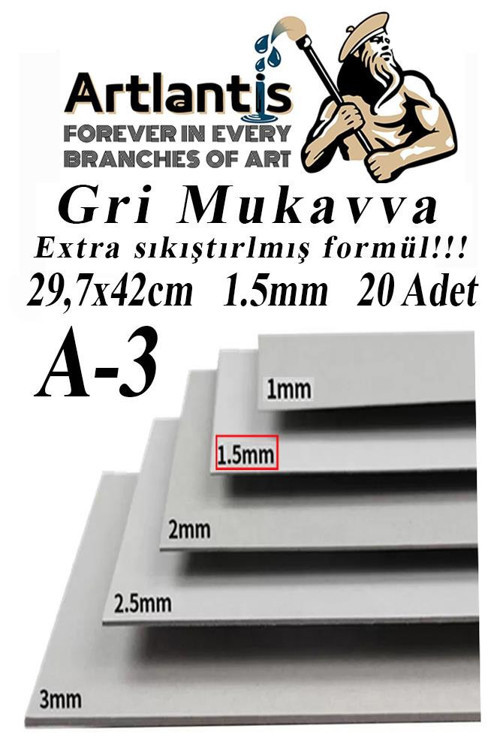 A3 Mukavva Gri 1.5 mm 20 Adet 1 Paket 29.7x42 cm A-3 Mukavva 1,5 mm Kalınlığında A-3 Mukavva