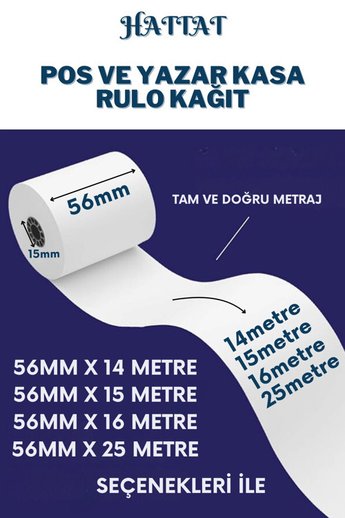 100 Adet Rulo 56mmx14m POS ve Yazar Kasa Termal Rulo Yüksek Kaliteli Dayanıklı Tam Metraj Net Baskı