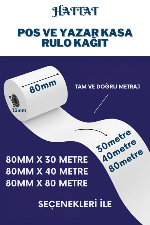 100 Adet Rulo 80mmx30m POS ve Yazar Kasa Termal Rulo Yüksek Kaliteli Dayanıklı Tam Metraj Net Baskı