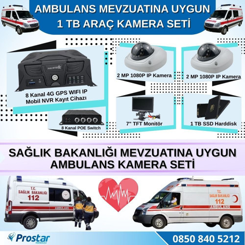 Ambulans Mevzuatına Uygun 2 Kameralı 8 Kanal Mobil NVR 1 TB 7 inç Monitörlü Tak Kullan Set