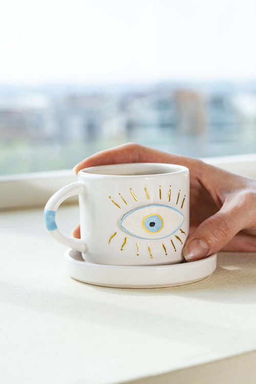 Göz Desenli Amore El Yapımı Seramik Double Kahve Fincanı Mug Kupa