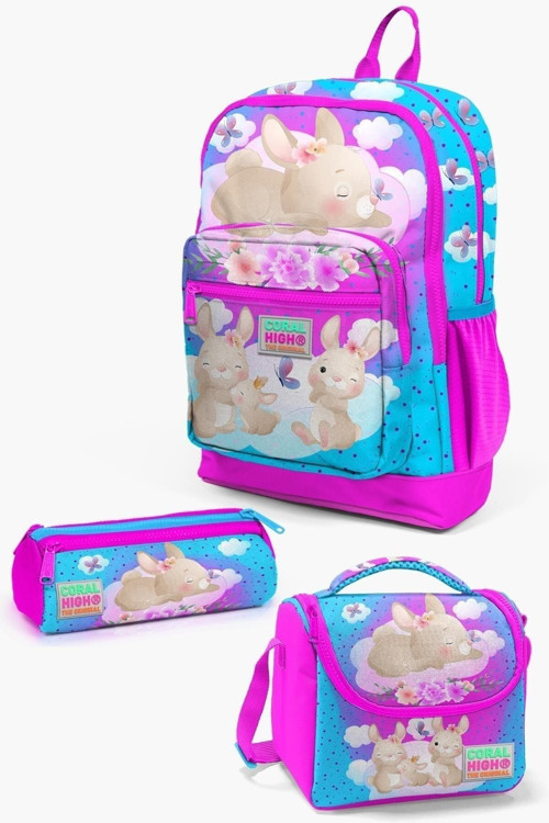 Kids Mavi Pembe Tavşan Desenli 3’Lü Okul Çanta Seti Set0123736