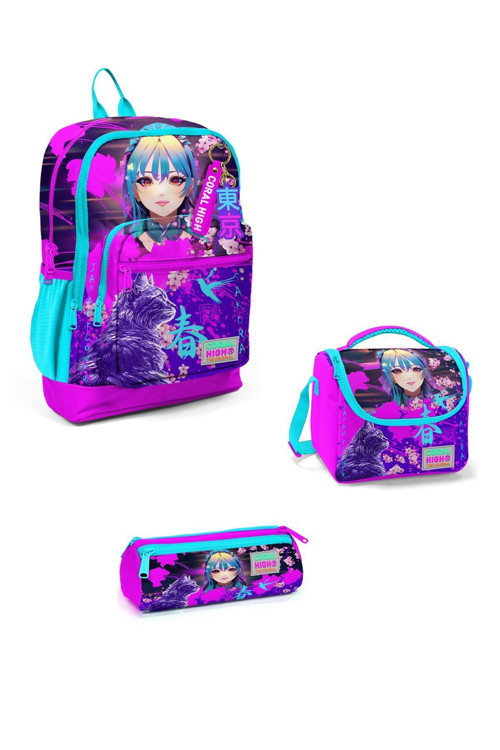 Kids Mor Pembe Anime Kedi Desenli 3’Lü Okul Çanta Seti 3Set23753
