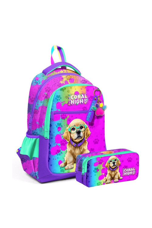 Kids Mor Pembe Köpek Desenli Üç Bölmeli Okul Sırt Çanta Ve Kalemlik Seti 23649