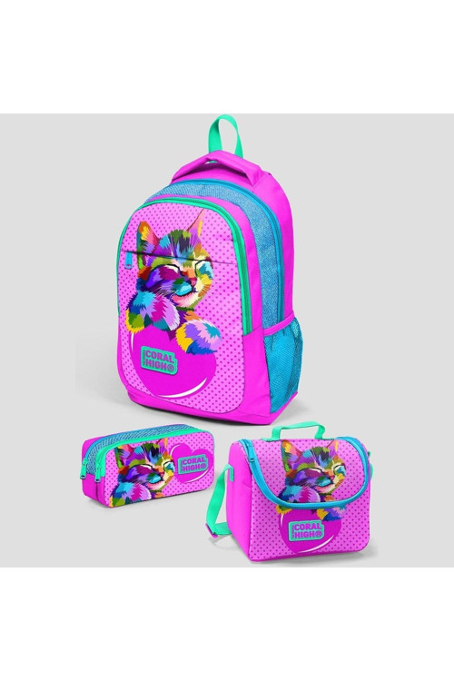 Kids Pembe Mavi Simli Kedi Desenli Üç Bölmeli Okul Sırt Çantası ,Thermo Beslenme Çantası