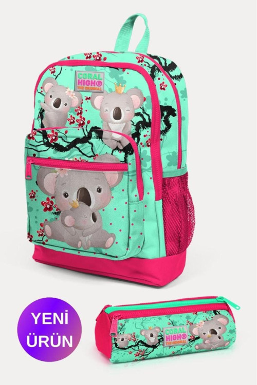 Kids Su Yeşili Neon Mercan Koala Desenli 2'Li Okul Çanta Seti Goset0223713