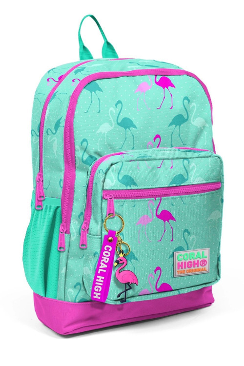 Kids Su Yeşili Neon Pembe Flamingo Desenli Dört Bölmeli Okul Sırt Çantası 23111