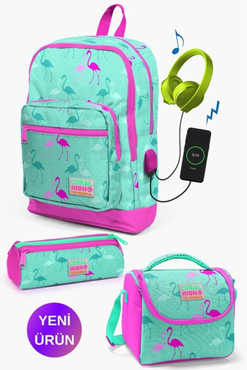 Kids Su Yeşili Neon Pembe Flamingo Desenli Usb'Li 3’Lü Okul Çanta Seti Goset0123275