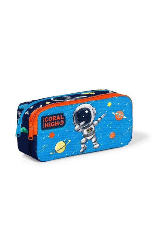 Kids Lacivert Mavi Astronot Desenli Iki Bölmeli Kalem Çantası 12058