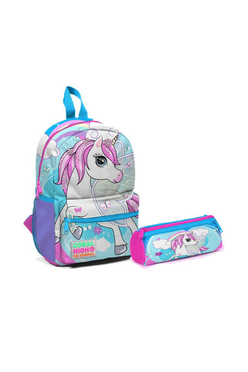 Kids Mavi Neon Pembe Iki Bölmeli Yuva Sırt Çantası Ve Kalemlik