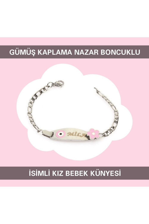 Gümüş Kaplama Nazar Boncuklu Isimli Kız Bebek Künyesi Ibcb036