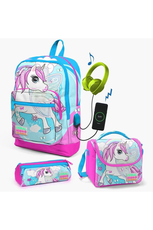 Coral High Kids Mavi Neon Pembe Unicorn Desenli Usb'Li 3’Lü Okul Çanta Seti Set 23811-Mix3