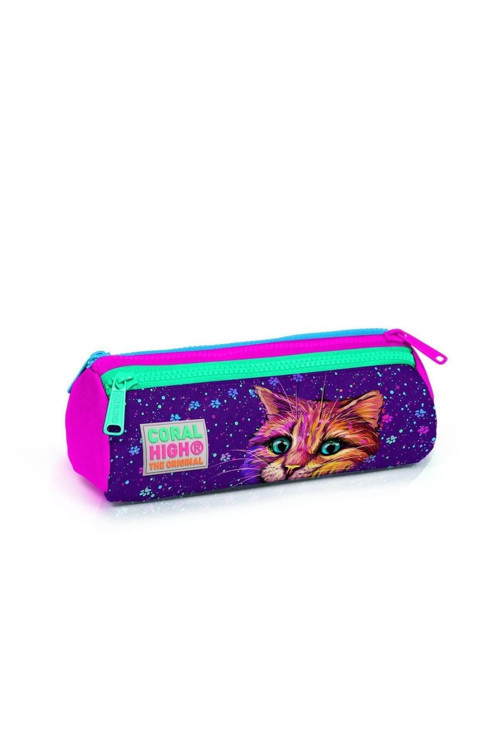 Coral High Kids Mor Pembe Kedi Desenli Üç Bölmeli Kalem Çantası 22032