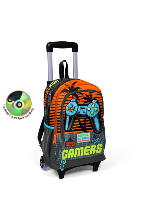Coral High Kids Gri Turuncu Gamer Desenli Üç Bölmeli Çekçekli Okul Sırt Çantası 23946