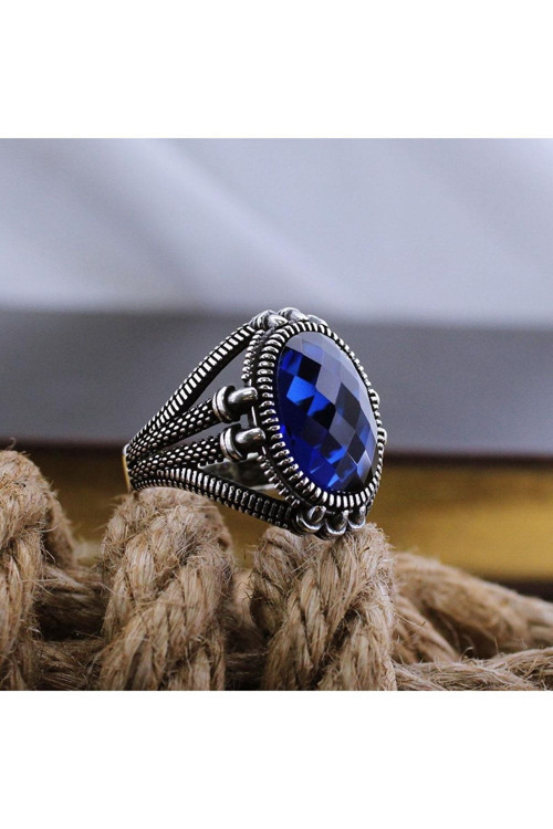 Lacivert Safir Kristal Kesim Taşlı Pençe Model Özel Seri Erkek Gümüş Yüzük