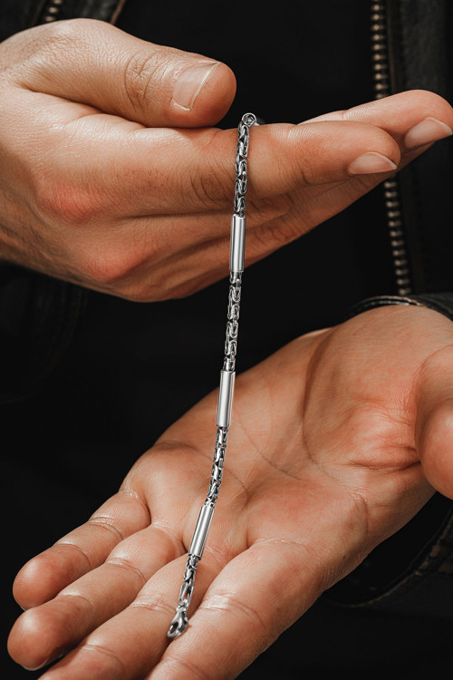 Erkek Gümüş Bileklik - Kral Model 2,8 Mm Kalınlığında Silindir Parçalı Erkek Bileklik