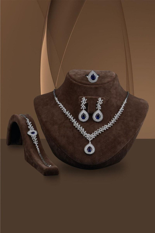 Çise Safir Taşlı Gümüş Su Yolu Set - Kolye, Bileklik, Küpe, Yüzük
