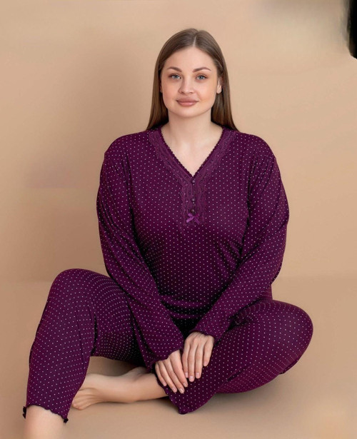 Kadın Büyük Beden Dantel Yaka Bambu Uzun Kol İnce Pijama Takımı 5541 - 1 Adet