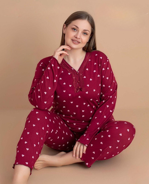 Kadın Büyük Beden Dantel Yaka Bambu Uzun Kol İnce Pijama Takımı 5547 - 1 Adet