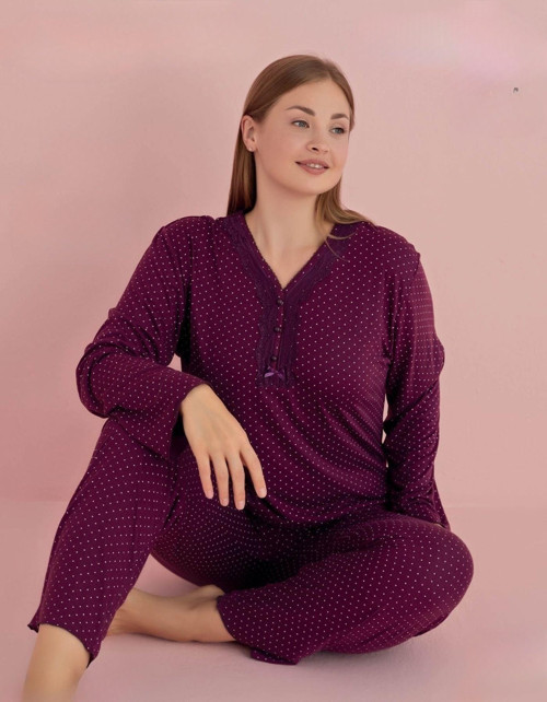 Kadın Büyük Beden Dantel Yaka Bambu Uzun Kol Pijama Takımı 5067 - 1 Adet Vişne-4XL