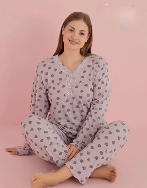 Kadın Büyük Beden Dantel Yaka Bambu Uzun Kol Pijama Takımı 5068 - 1 Adet Pembe-2XL