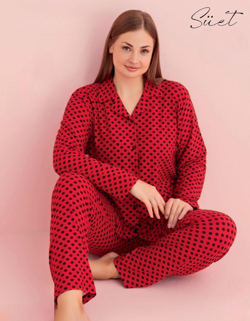 Kadın Büyük Beden Gömlek Yaka Süet Uzun Kol Pijama Takımı 5267- 1 Adet Kırmızı-3XL