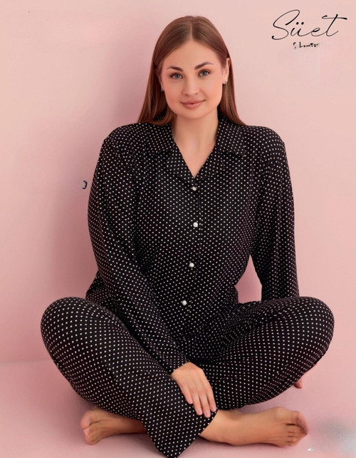Kadın Büyük Beden Gömlek Yaka Süet Uzun Kol Pijama Takımı 5260- 1 Adet Siyah-2XL