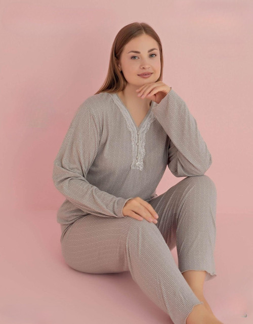 Kadın Büyük Beden Dantel Yaka Bambu Uzun Kol Pijama Takımı 5070 - 1 Adet Gri-Kahverengi-2XL