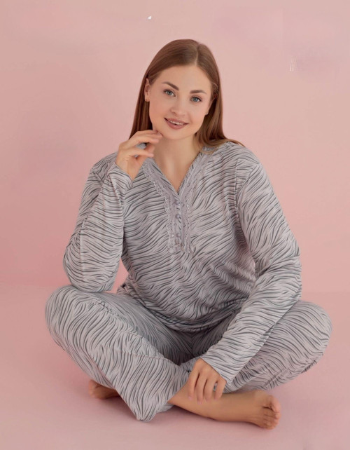 Kadın Büyük Beden Dantel Yaka Bambu Uzun Kol Pijama Takımı 5074 - 1 Adet Gri-3XL