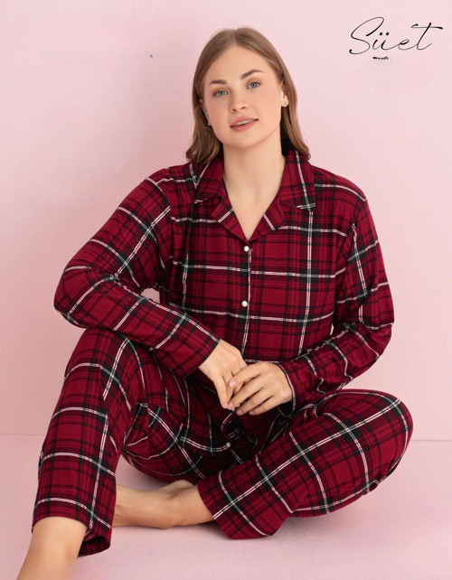 Kadın Büyük Beden Gömlek Yaka Süet Uzun Kol Pijama Takımı 5270- 1 Adet Bordo-3XL