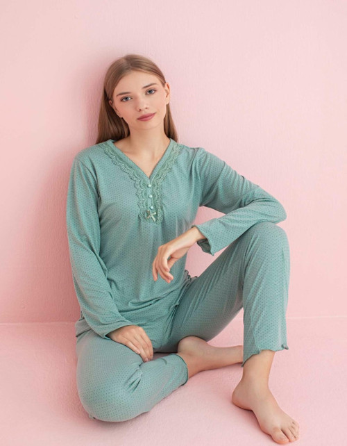 Kadın Dantel Yaka Bambu Uzun Kol Pijama Takımı 5208 - 1 Adet Yeşil-2XL