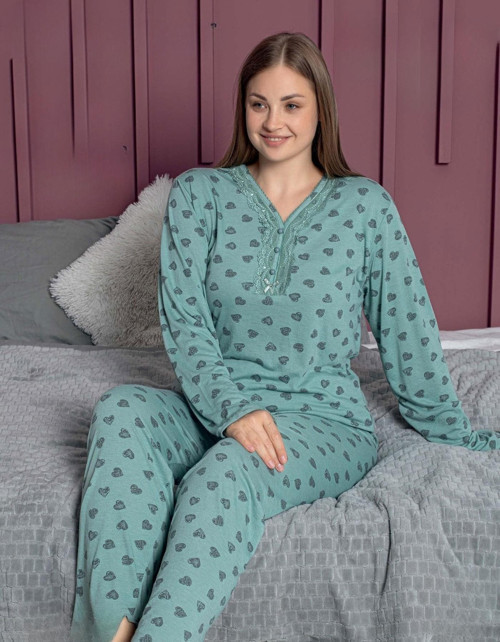 Kadın Büyük Beden Dantel Yaka Bambu Uzun Kol Pijama Takımı 5161 - 1 Adet Yeşil-2XL