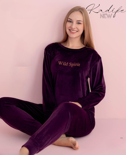 Kadın Kışlık Bisiklet Yaka Kadife Pijama Takımı 3015M - 1 Adet Mor-2XL