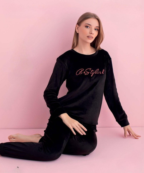 Kadın Kışlık Bisiklet Yaka Kadife Pijama Takımı 3051S - 1 Adet Siyah-L