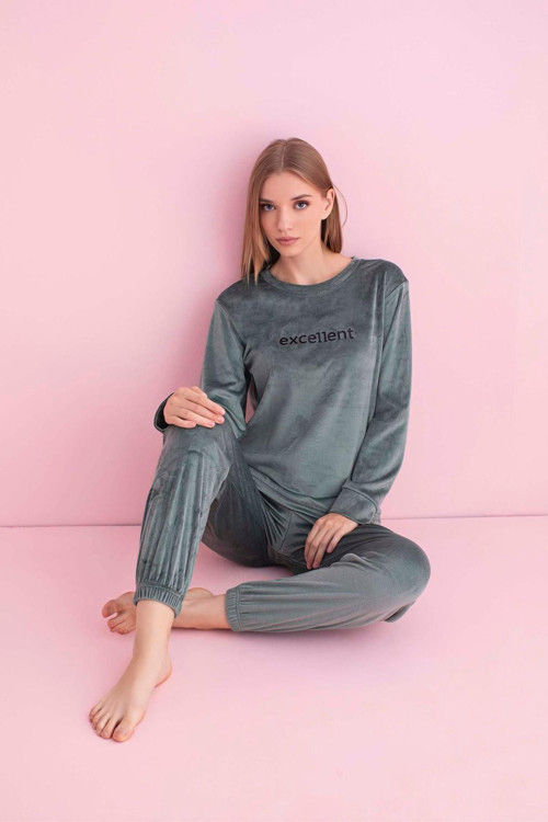 Kadın Kışlık Bisiklet Yaka Kadife Pijama Takımı 3036SY - 1 Adet Su Yeşil-2XL