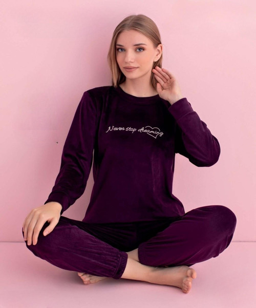 Kadın Kışlık Bisiklet Yaka Kadife Pijama Takımı 3042M - 1 Adet Mor-M
