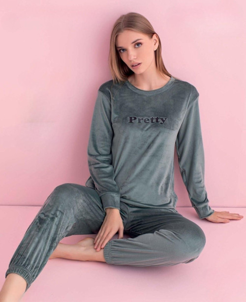 Kadın Kışlık Bisiklet Yaka Kadife Pijama Takımı 3035SY - 1 Adet Su Yeşil-XL
